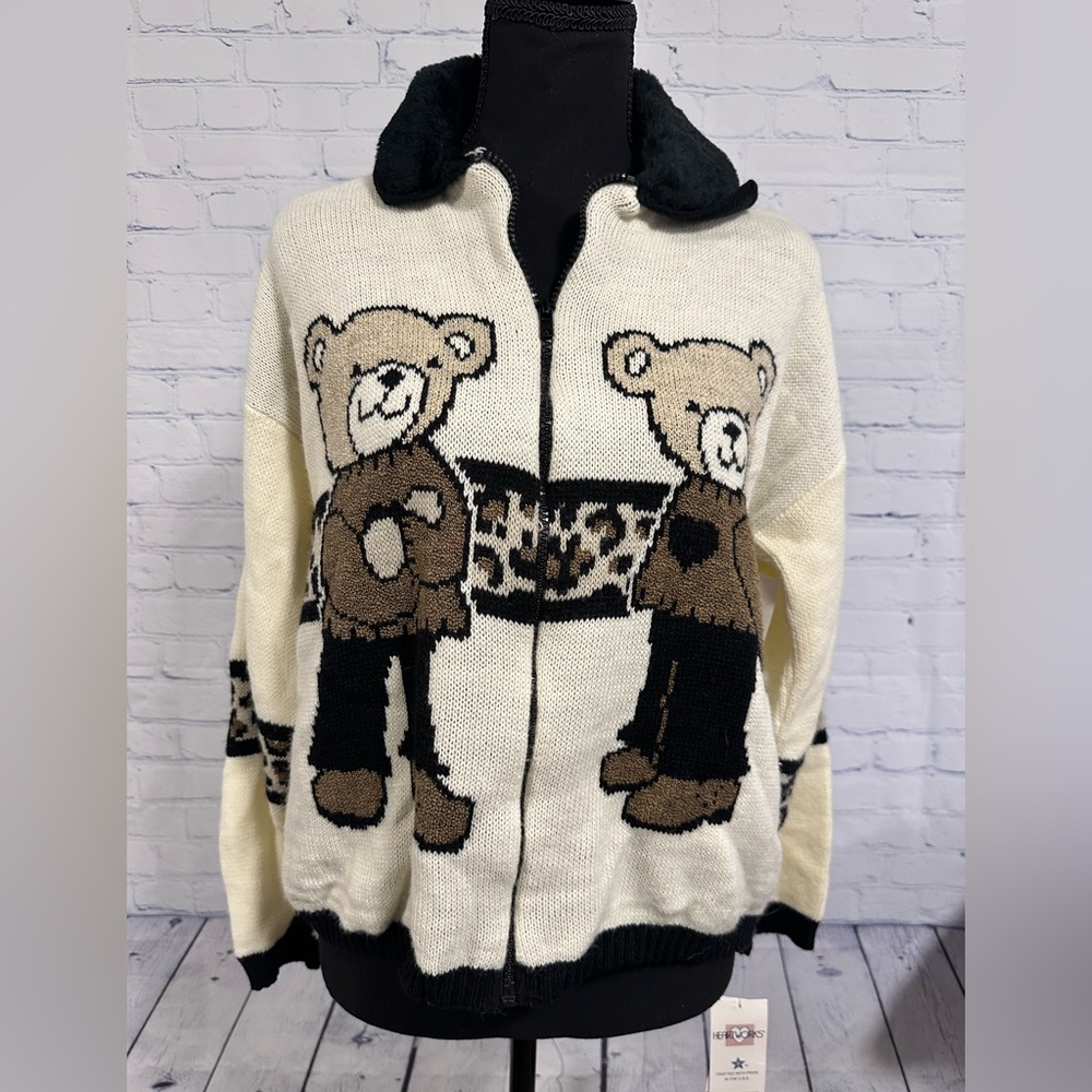 Vintage Heartworks zip-up sweater/cardigan, two teddy bears w/leopard print, XL